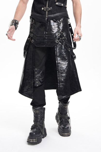 Black Faux Leather Stitching Eyelets Strap Rings Men's Gothic Skirt