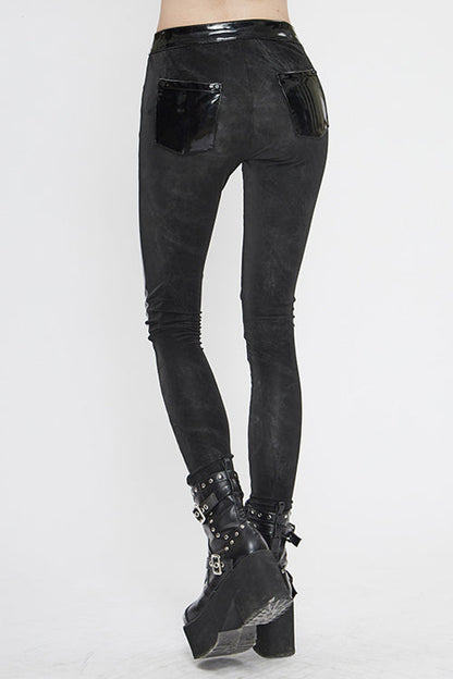 Black Fringe Patent Leather Spliced Punk Leggings Womens Pants