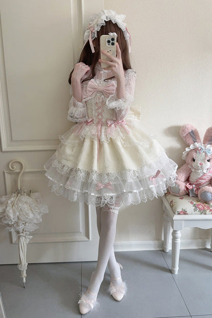 Apricot [Fleishi Island] Sleeveless Ruffle Bowknot Lace Slim Sweet Ballet Lolita Jsk Dress