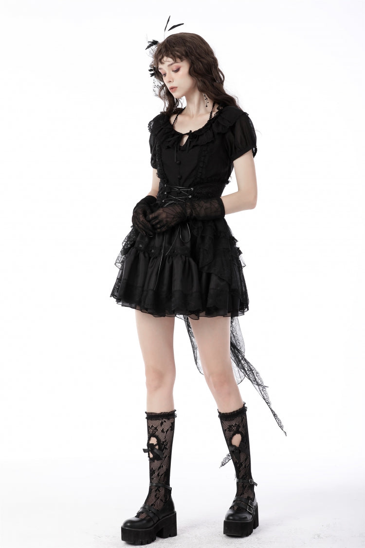 Black Lace-Up Multi-Layered Lace Women's Gothic Fishtail High Low Tunic Skirt