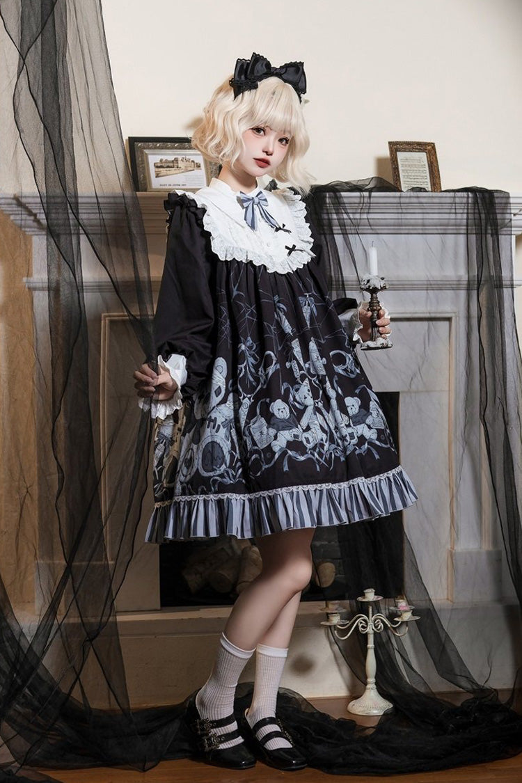 Black Long Sleeves Bear Printed Ruffled Bow Elegant Plus Size Gothic Lolita Dress