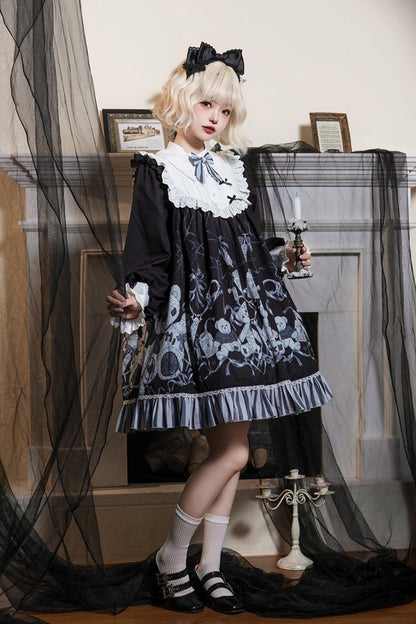 Black Long Sleeves Bear Printed Ruffled Bow Elegant Plus Size Gothic Lolita Dress