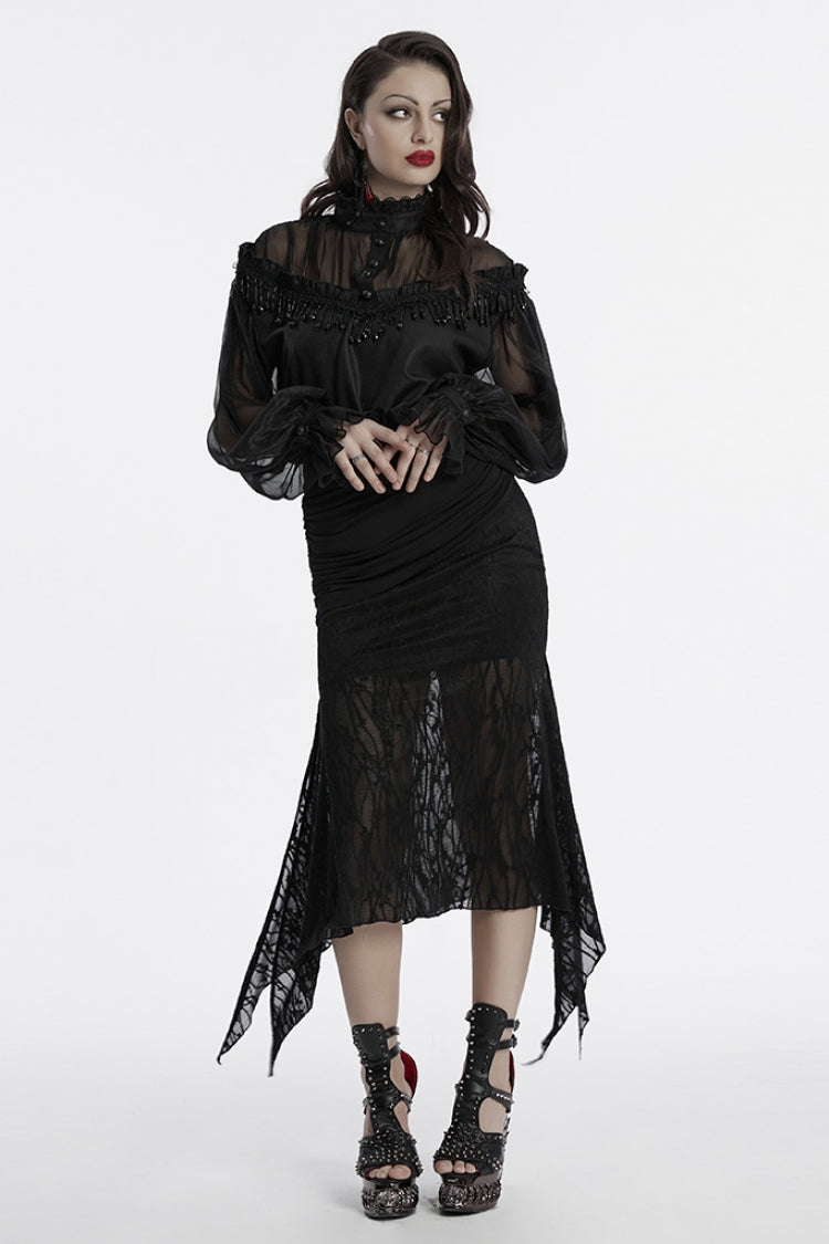 Black Long Sleeves Ruffle Sheer Mesh Women's Gothic Blouse
