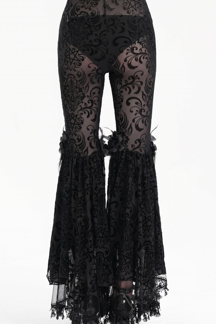 Black Embroidery Lace Sheer Mesh Tassels Women's Gothic Pants