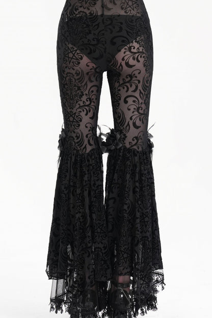Black Embroidery Lace Sheer Mesh Tassels Women's Gothic Pants