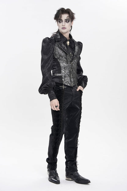 Black Lapel Collar Off Shoulder Halterneck Sleeveless Jacquard Lace Slim Color-Blocked Men's Gothic Palace Vest