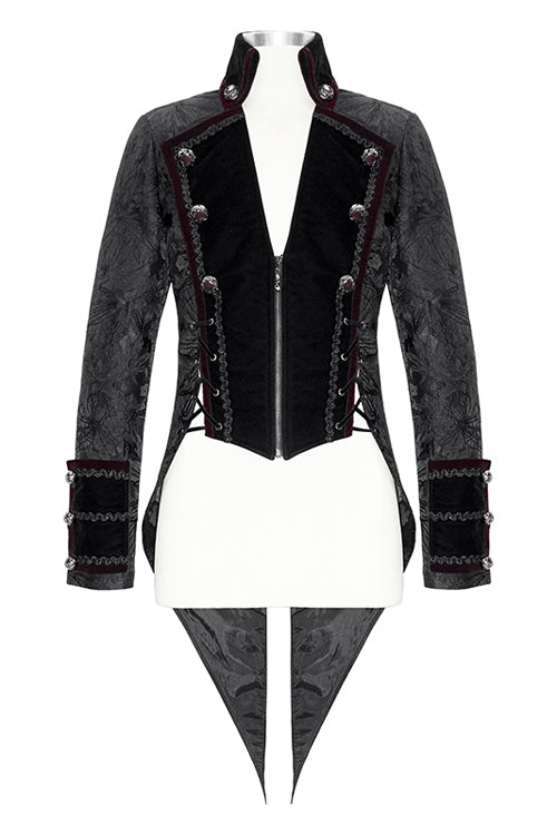 Black Jacquard Floral Pattern Velveteen Swallowtail Mens Gothic Coat
