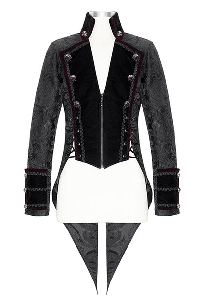 Black Jacquard Floral Pattern Velveteen Swallowtail Mens Gothic Coat