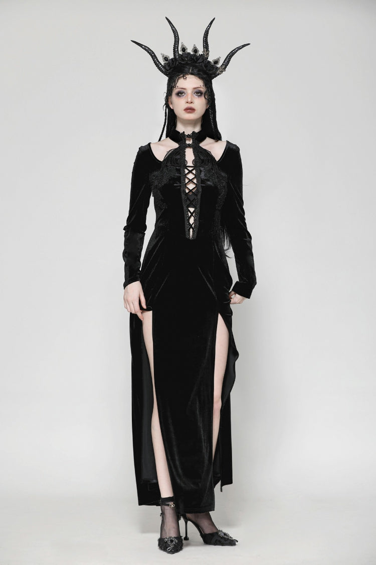 Black Long Sleeves Cut-Out Lace-Up Women's Gothic Side Slit Velvet Party Dress Wedding Dress