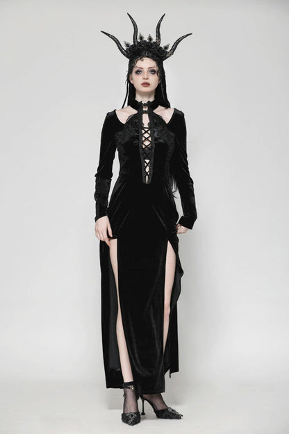 Black Long Sleeves Cut-Out Lace-Up Women's Gothic Side Slit Velvet Party Dress Wedding Dress