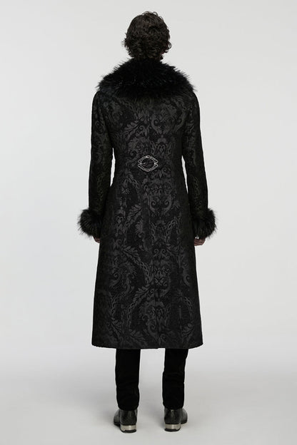 Black Fuax Fur Collar Long Sleeves Jacquard Zipper Men's Gothic Coat