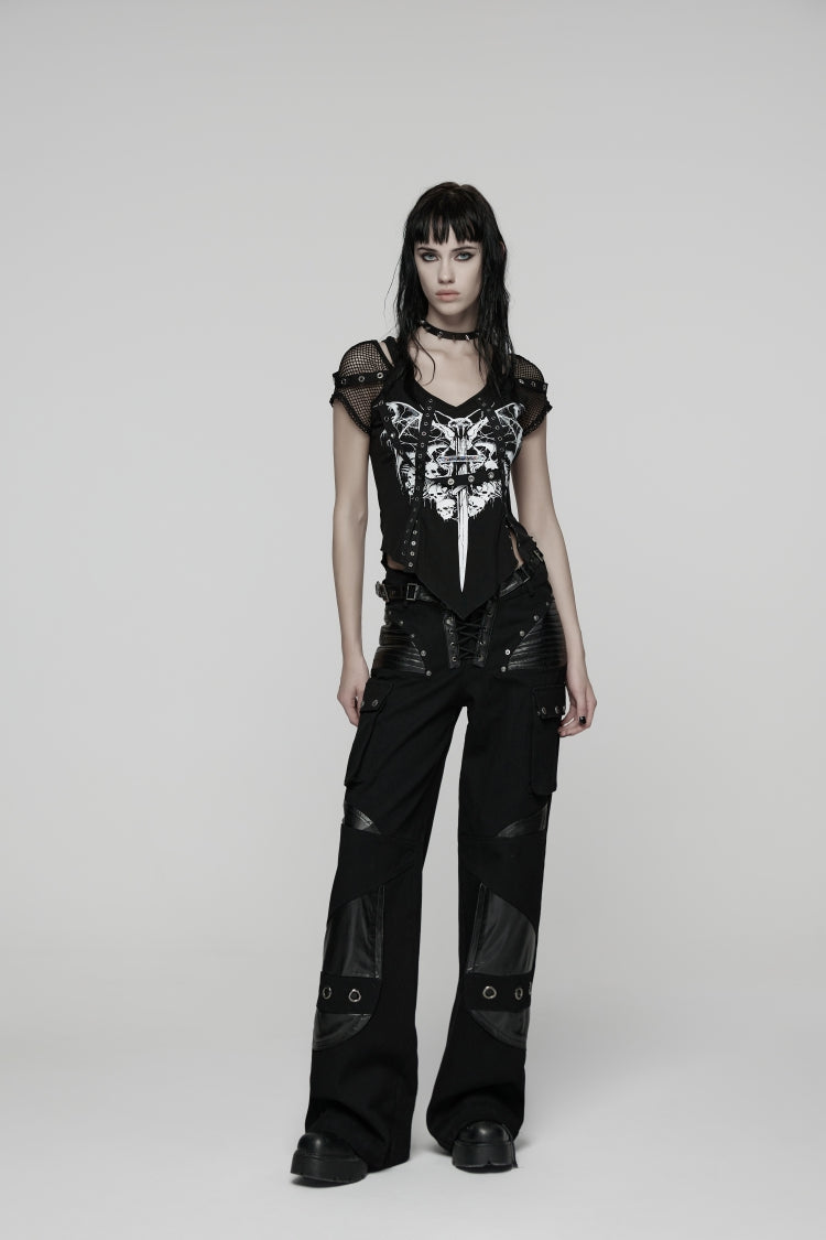Black Lace Lace-Up Buckled Women's Big Pocket Punk Pants