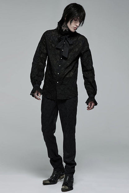 Black Gothic Long Sleeve Mesh Texture Fabric Lace Pleated Ruffle Tie Design Men's Shirt