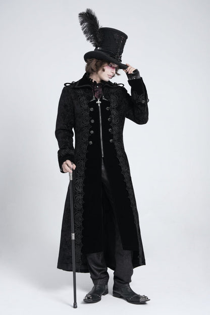 Black Lapel Collar Embroidery Zipper Men's Gothic Handsome Coat