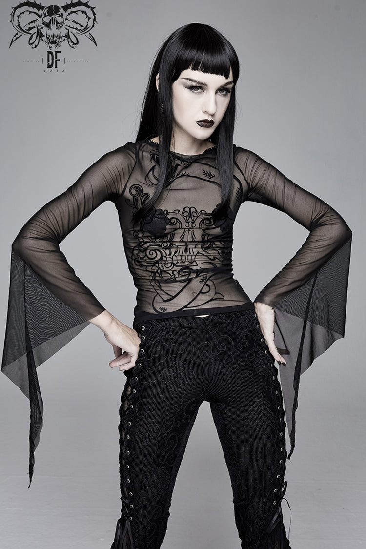 Black Mesh Horn Sleeve Snake Flocking Printed Women's Gothic Shirt