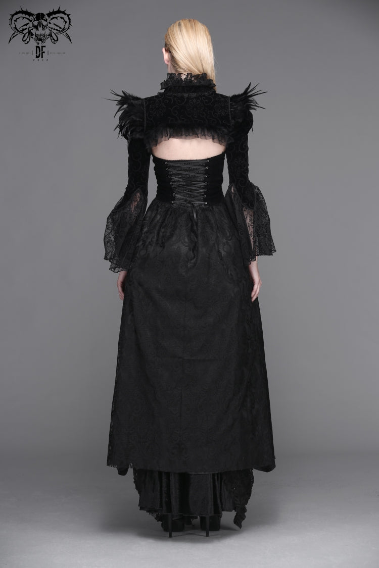 Black High Collar Long Trumpet Sleeves Printed Lace Pleated Women's Vintage Punk Jacket