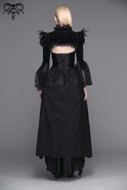 Black High Collar Long Trumpet Sleeves Printed Lace Pleated Women's Vintage Punk Jacket