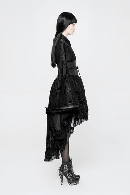 Black Long Sleeves Print Ruffle Women's Gothic Kimono Dress