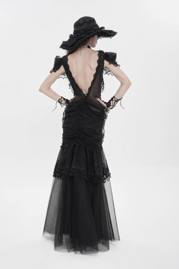 Black Off Shoulder Ruffled Cut-Out Lace Pleated Women's Gothic Dress