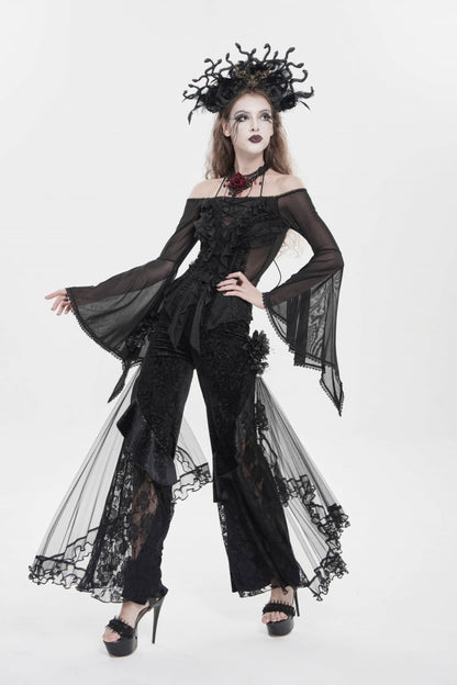 Black Embroidered Lace Women's Printed Mesh Floral Gothic Pants