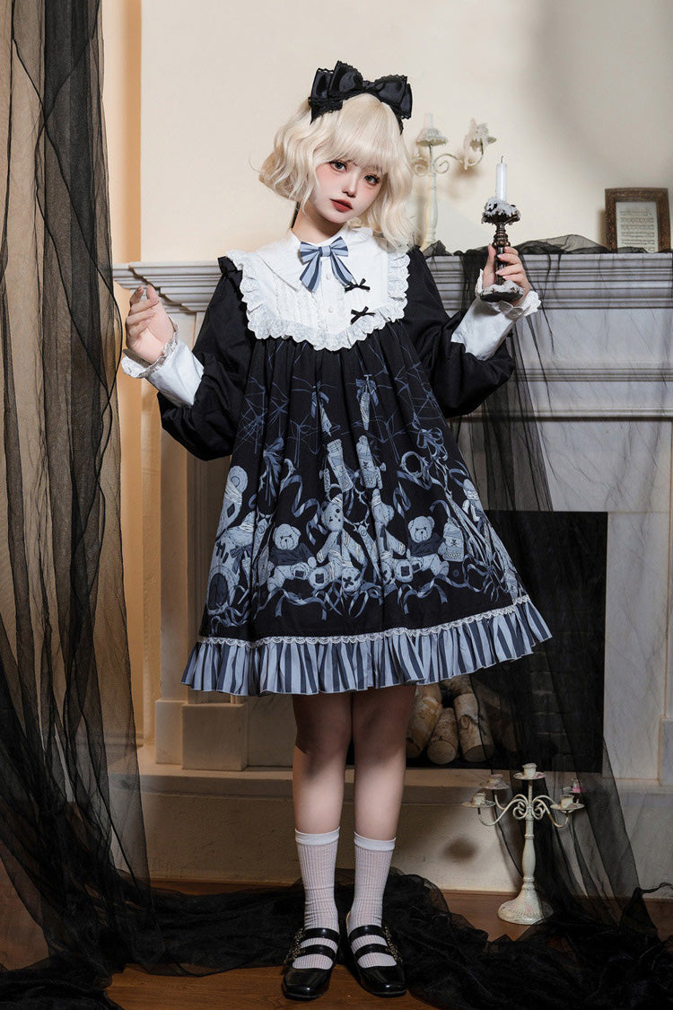 Black Long Sleeves Bear Printed Ruffled Bow Elegant Plus Size Gothic Lolita Dress