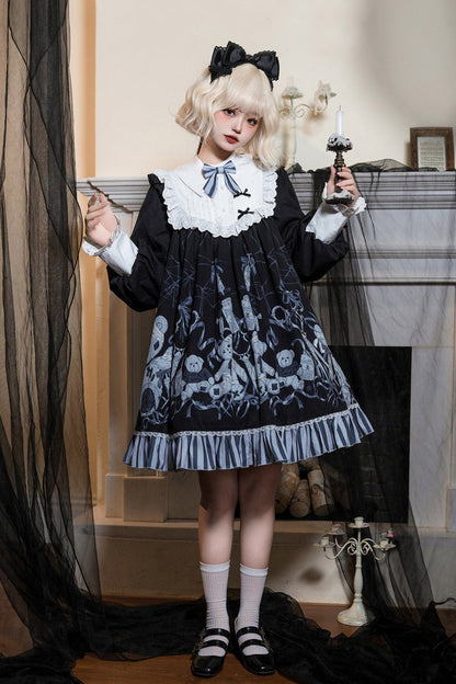 Black Long Sleeves Bear Printed Ruffled Bow Elegant Plus Size Gothic Lolita Dress