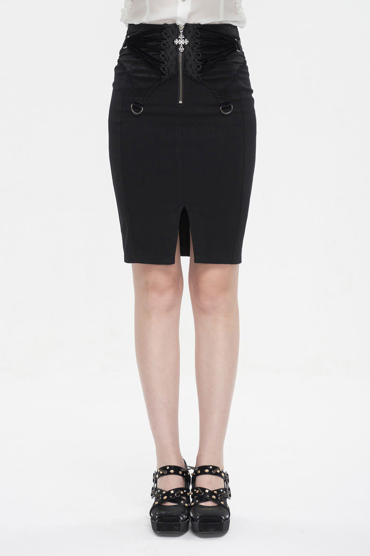 Black Lace Up Floral Embroidered Women's Gothic Split Skirt