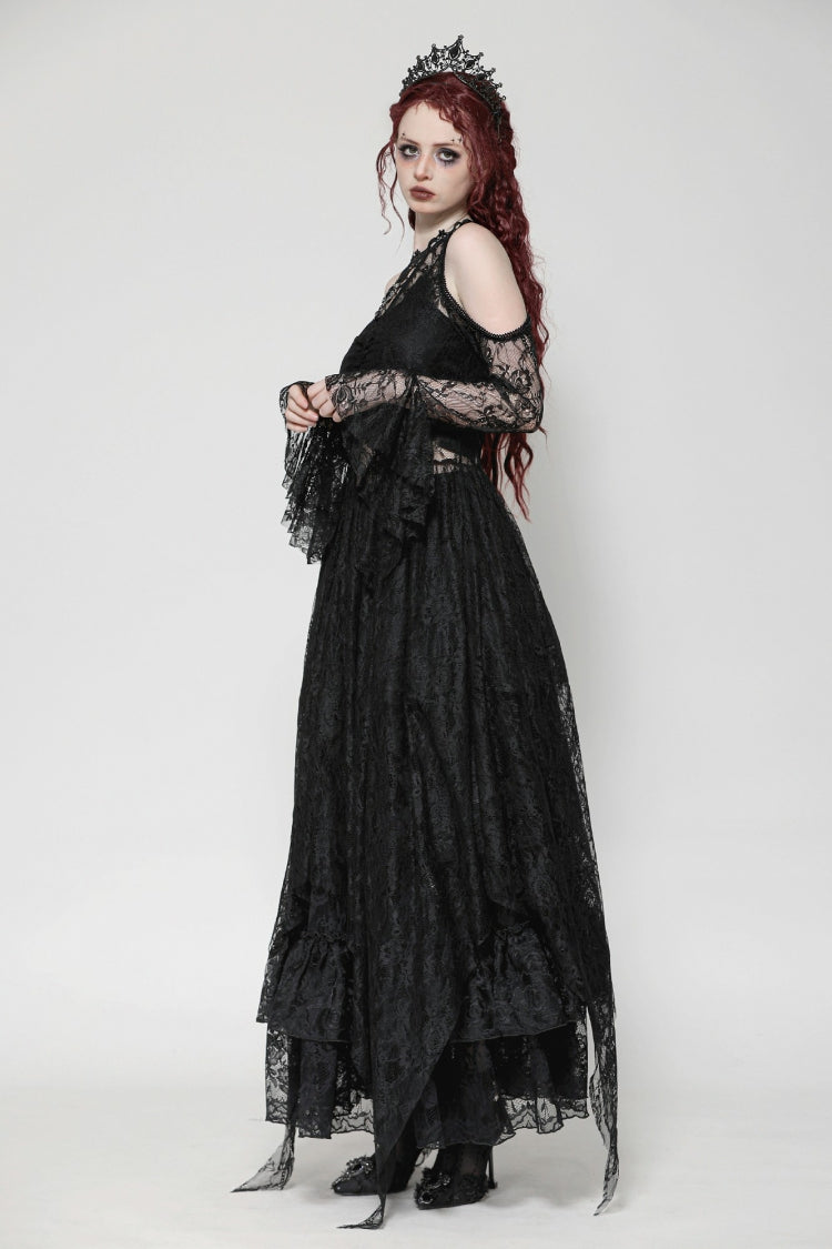 Black Off Shoulder Long Sleeves Women's Gothic Irregular Lace Dress Wedding Dress
