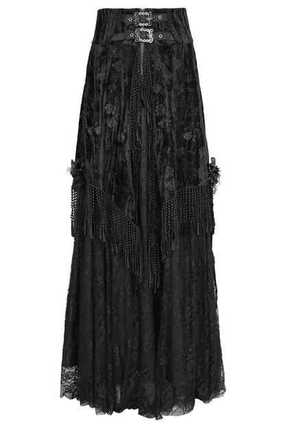 Black Print Embroidery Tassels Buckle-up Lace-Up Women's Gothic Long Skirt