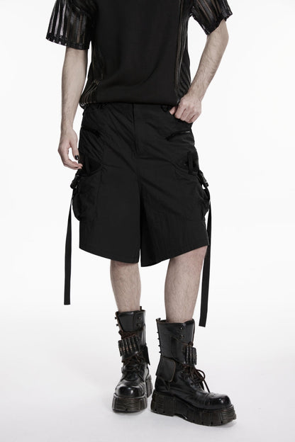 Black Buckled Men's Punk Shorts WIth Big Pocket