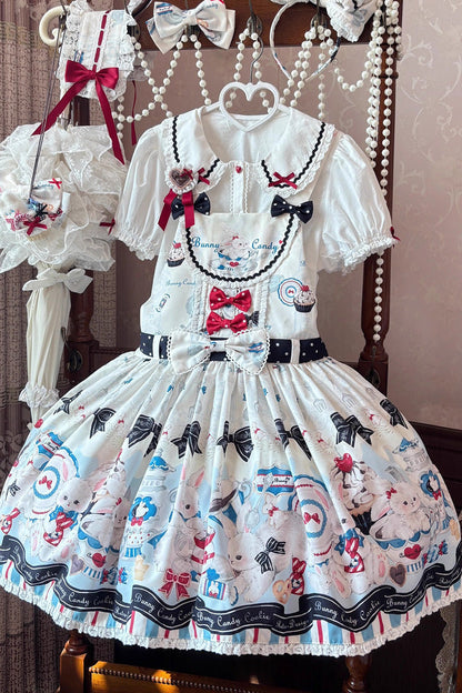 Beige [Mystery Rabbit Tea Party] Sleeveless Print Bowknot Lace Sweet Lolita Strap Dress