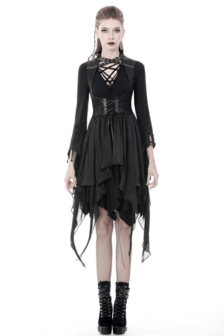 Black Chiffon Sleeveless Cut-Out Chest Irregular Hem Lace-Up Buckled Women's Punk Jacket