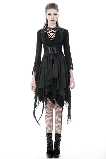 Black Chiffon Sleeveless Cut-Out Chest Irregular Hem Lace-Up Buckled Women's Punk Jacket