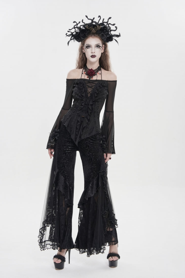 Black Embroidered Lace Women's Printed Mesh Floral Gothic Pants