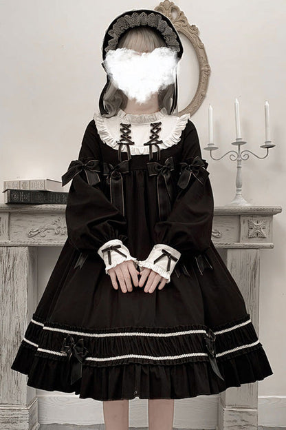 Black Bowknot Ruffled Long Sleeves Lolita OP Gothic Lolita Dress