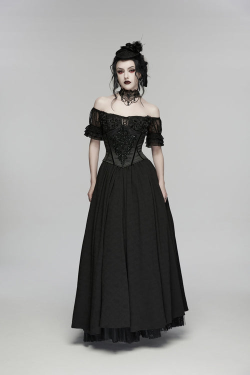 Black Off Shoulder Short Puff Sleeves Ruffled Hanayome Embroidered Lace Women's Gothic Elegant Gorgeous Dress