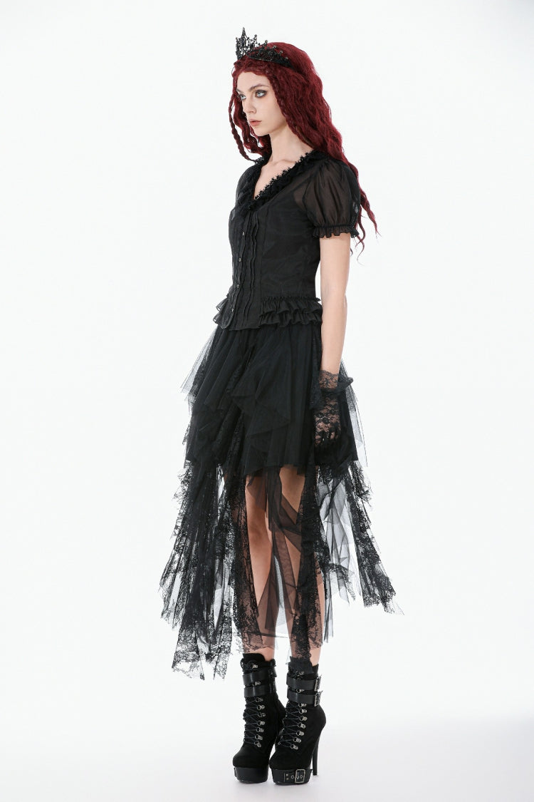Black Deep V Collar Short Puff Sleeves Multi-Layered Ruffled Lace Sheer Women's Gothic Blouse