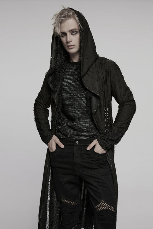 Black Long Sleeves Stitching Irregular Hooded Mesh Ripped Men's Gothic Coat