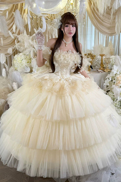 Apricot [Dream Confession] Sleeveless Triple-Layered Ruffled Hanayome Bow Lace Lace-Up Sweet Lolita Jsk Dress Long Version