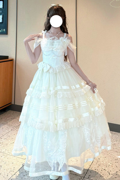 Apricot [Moonlight Poems] Triple-Layered Jacquard Ruffle Bowknot Lace Sweet Elegant Princess Lolita Jsk Dress