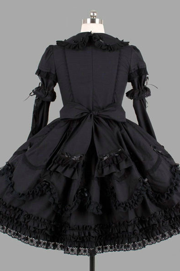 Black Cotton Lapel Collar Long Sleeves Knee Length Bowknot Ruffled Multi-Layer Gothic Lolita Dress