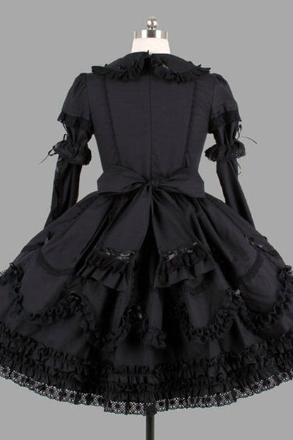 Black Cotton Lapel Collar Long Sleeves Knee Length Bowknot Ruffled Multi-Layer Gothic Lolita Dress