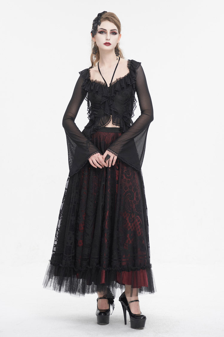 Black Lace Up Ruffled Trumpet Sleeves Mesh Women's Gothic Shirt