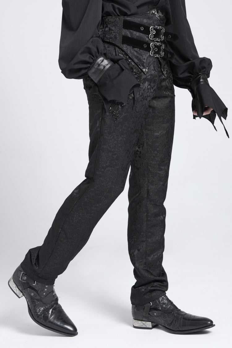 Black Double Buckles High Waisted Embroidery Men's Gothic Suit Pants