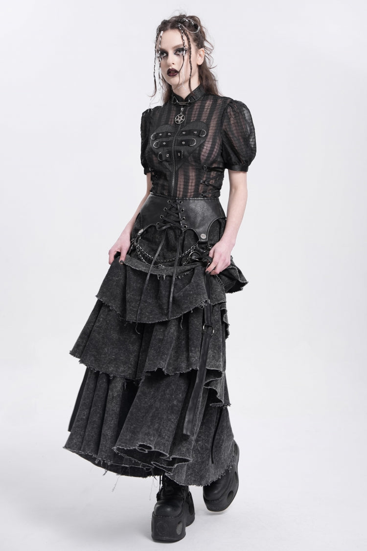 Black Multi-Layered Lace-Up Chain Women's Punk Skirt