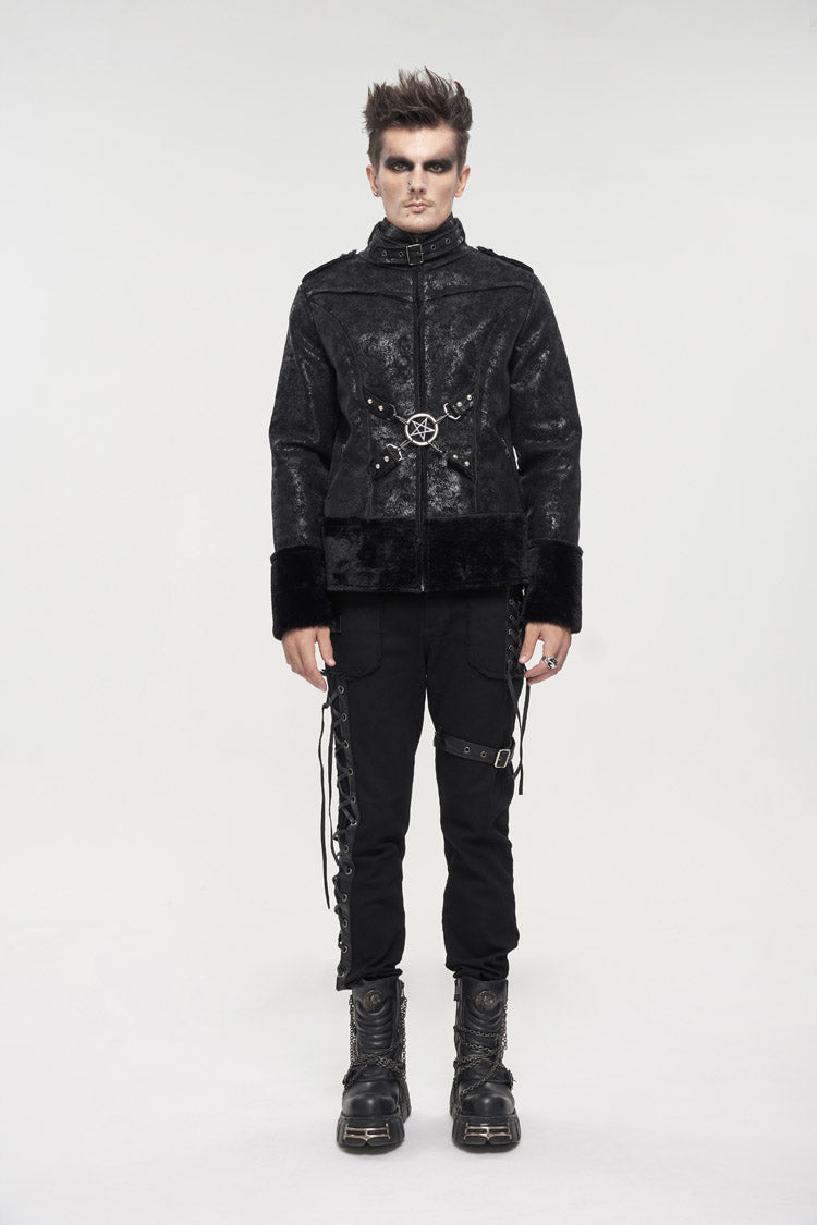 Black Five Pointed Star Decoration Retro Suede Short Plush Men's Punk Coat