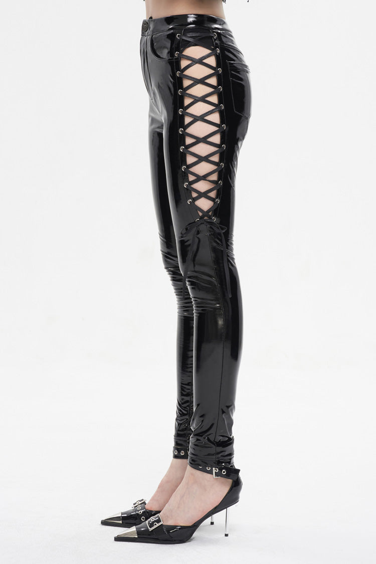 Black Patent Leather Side Cutout Lace Up Women's Punk Pants