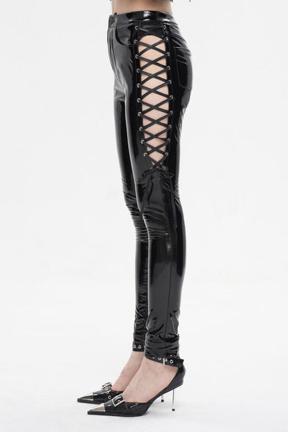 Black Patent Leather Side Cutout Lace Up Women's Punk Pants