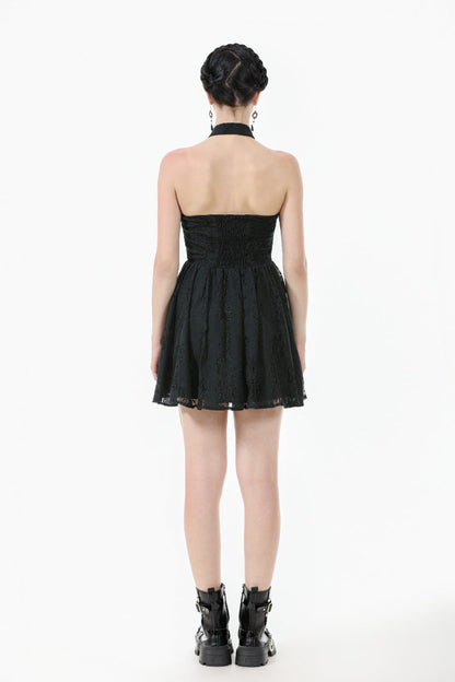 Black Off Shoulder Halterneck Sleeveless Lace Women's Gothic Short Dress