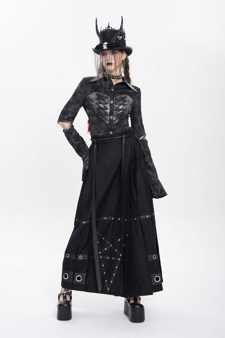 Black Lapel Collar Long Sleeves Print Lace-Up Cutout Women's Punk Blouse